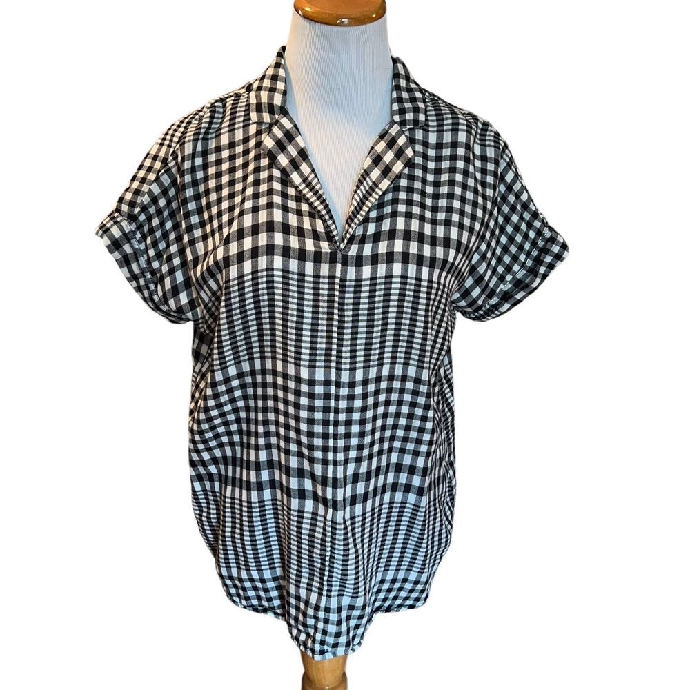 Beach Lunch Lounge Gingham Plaid Cuffed Button-Up Shirt Style LCT5020 Women Sm